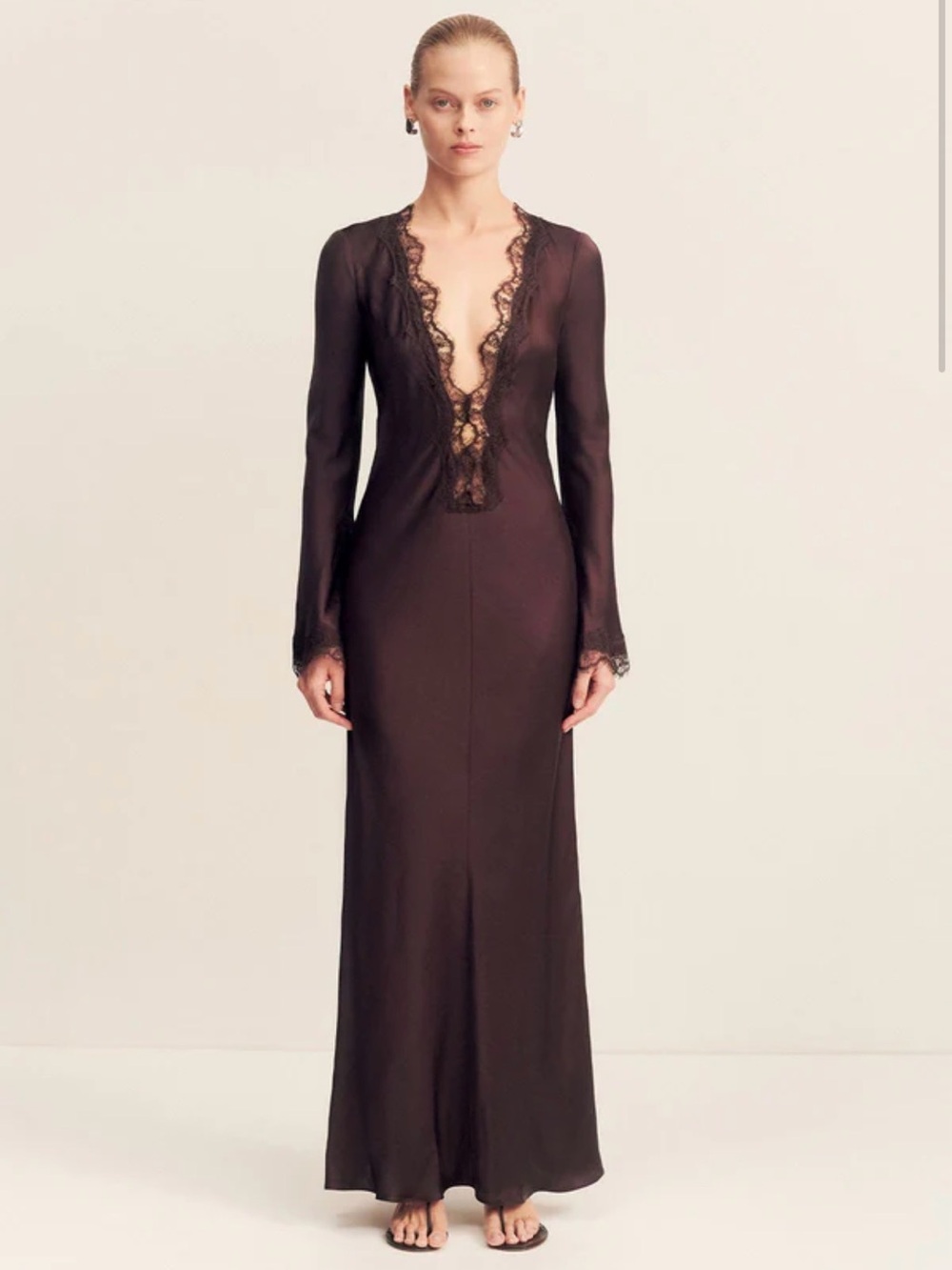Shona Joy Chocolate Brown Lace Trim Maxi Dress